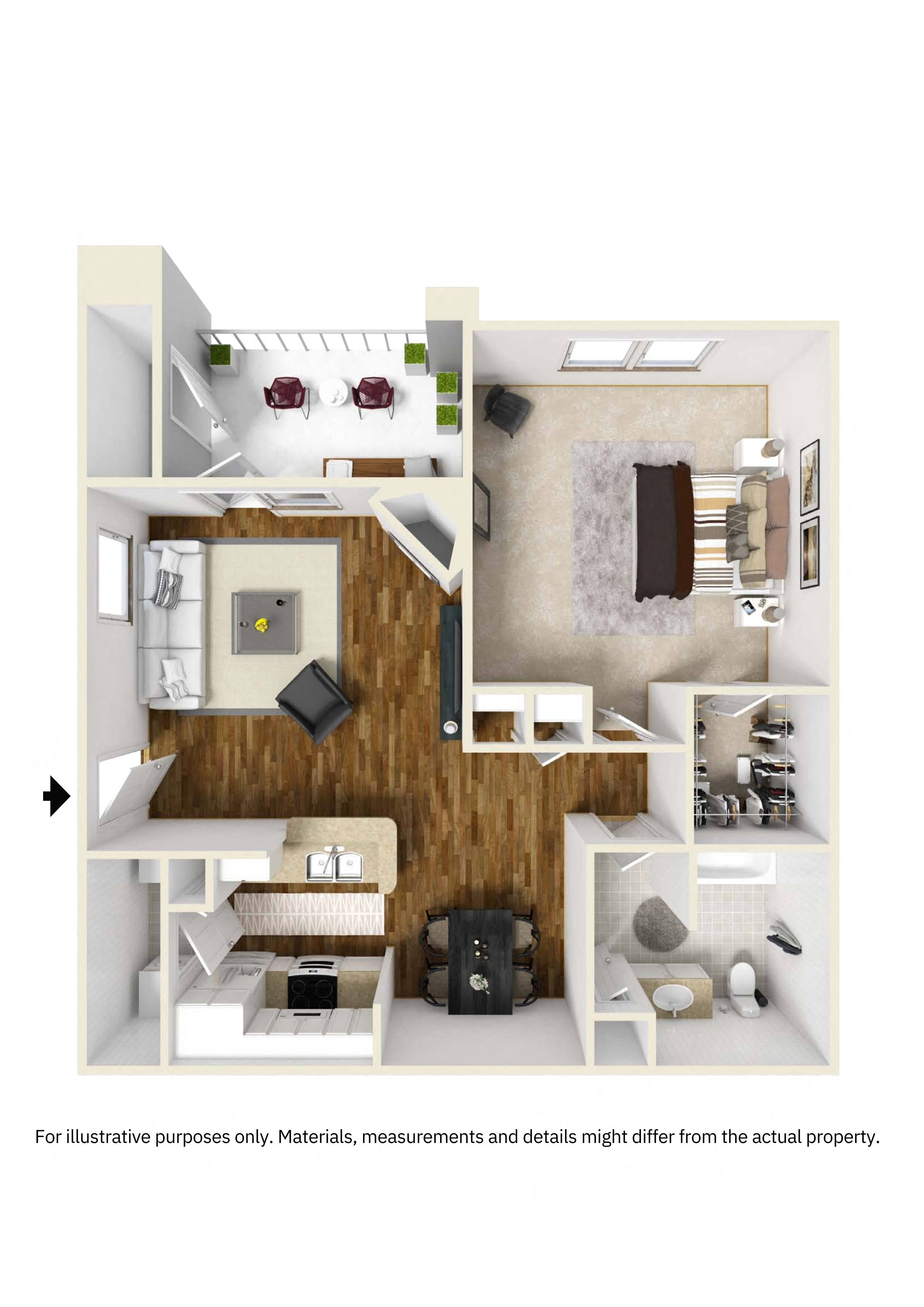 Floor plan for 1 bed, 1 bath, 882 sqft